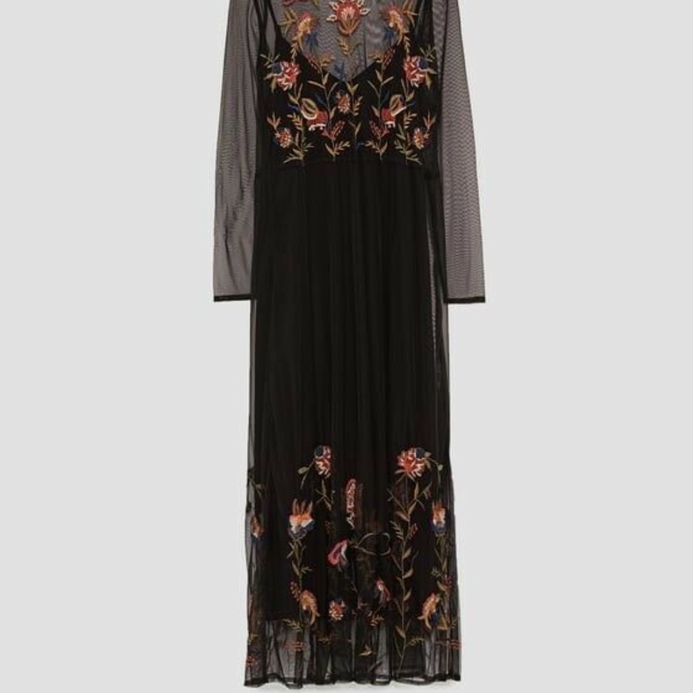 ZARA SHEER TULLE FLORAL EMBROIDERED MIDI DRESS
